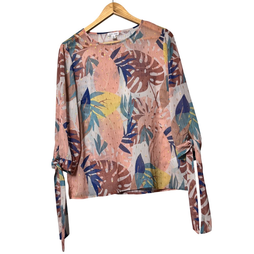 Tribal Jeans Womens Tropical Leaf Gold Metallic Clip Dot Tie Cuff Blouse